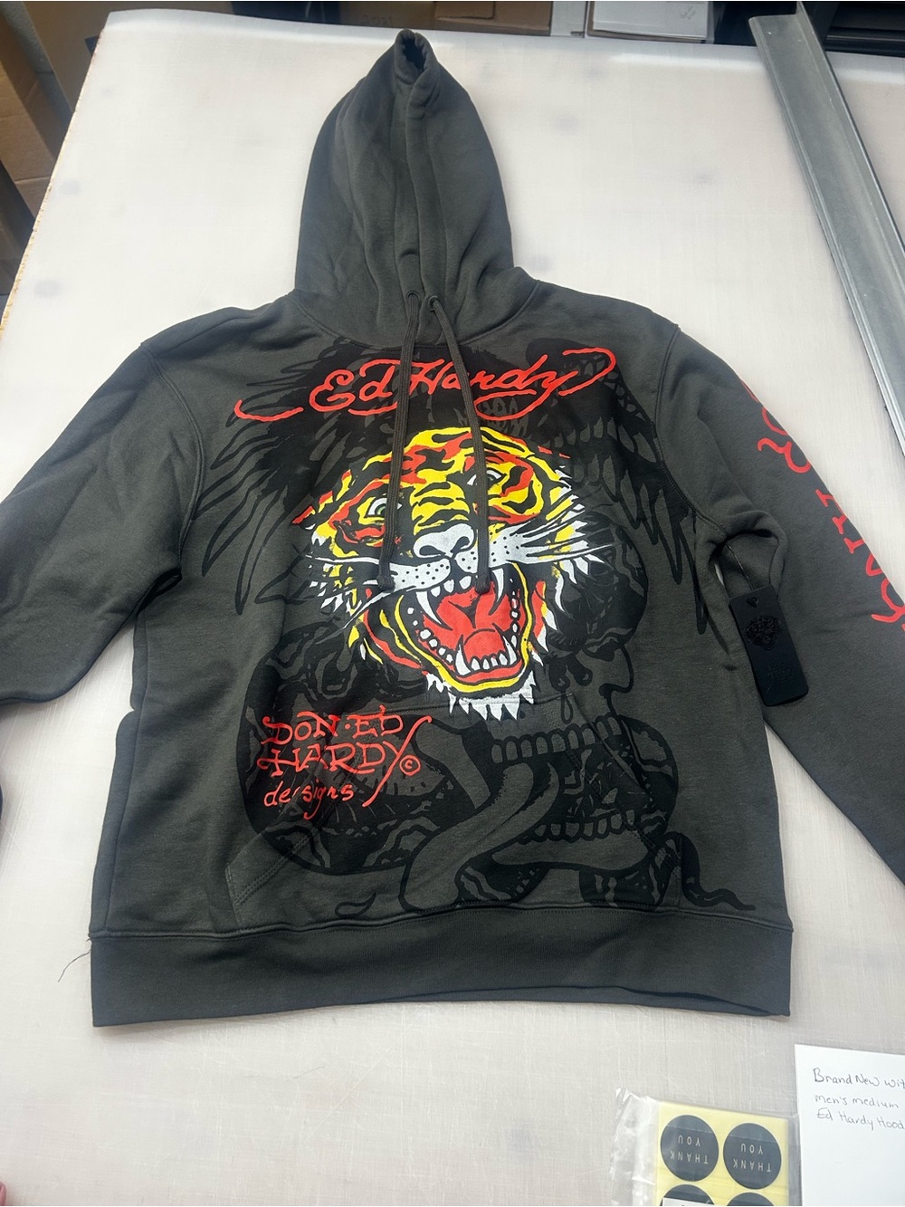 Ed Hardy dark grey Tiger Graphic Hoodie with Red Accents